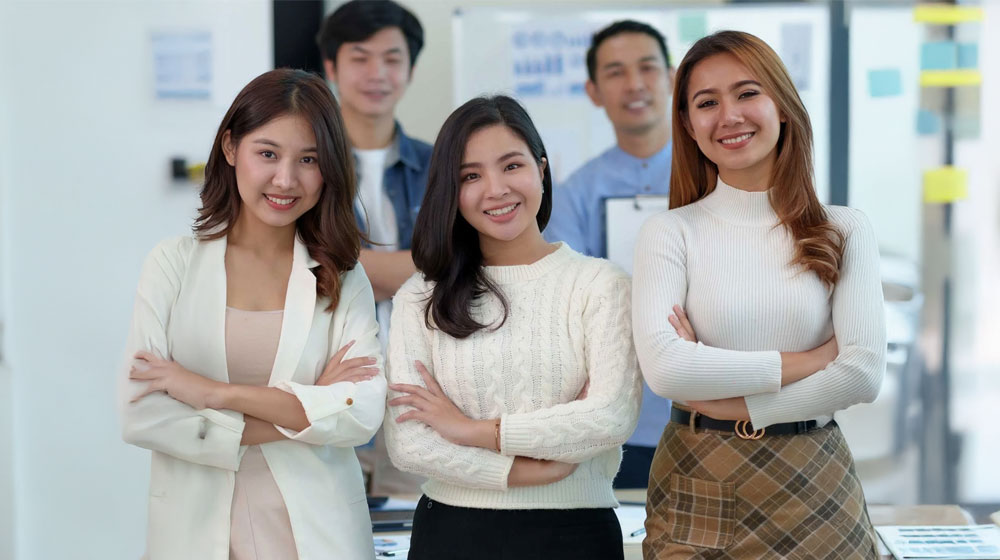 Professional team of SpaceCrew virtual assistants in modern office